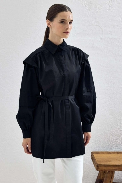 Aller Detaylı Oversize Gömlek - Siyah