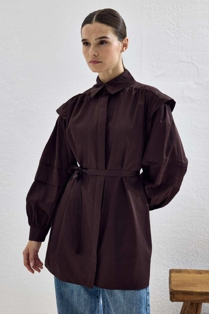 Aller Detaylı Oversize Koyu Bordo Gömlek