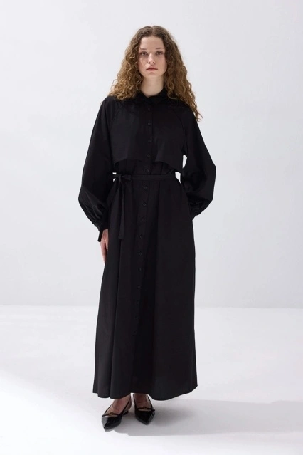 Aller Detaylı Pamuk Poplin Siyah Elbise Aller Detaylı Pamuk Poplin Siyah Elbise