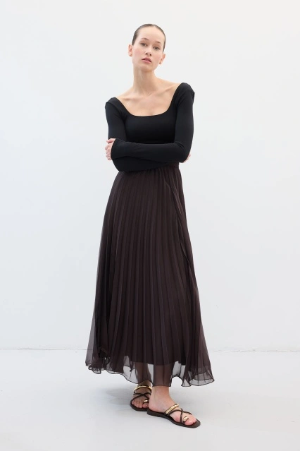 Allure Şifon Pilise Kahve Etek