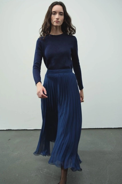 Allure Şifon Pilise Lacivert Etek