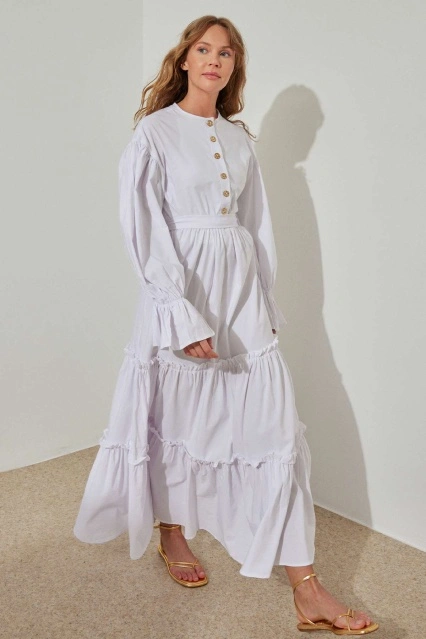 Alya Balon Kol Ekru Elbise