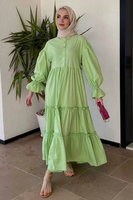 Alya Balon Kol Yeşil Elbise