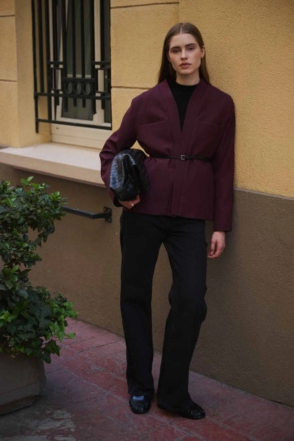 Andera Deri Kemer Detaylı Bordo Ceket