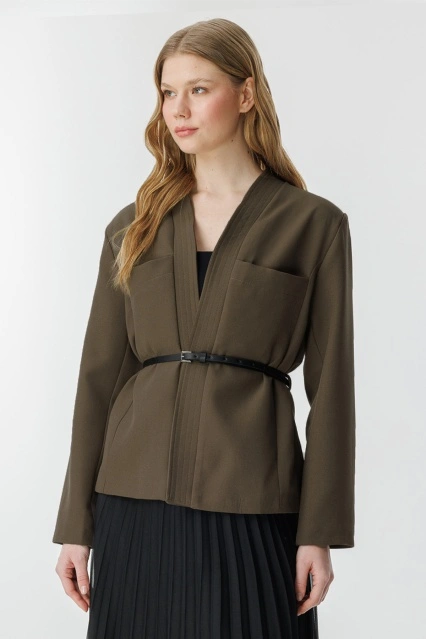 Andera Deri Kemer Detaylı Koyu Haki Ceket