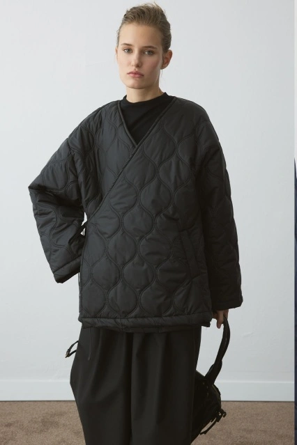 Anvelop Bağlamalı Kapitone Siyah Mont