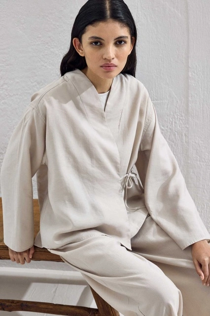 Bağcık Detaylı Lyocell Cupra Bej Kimono Takım