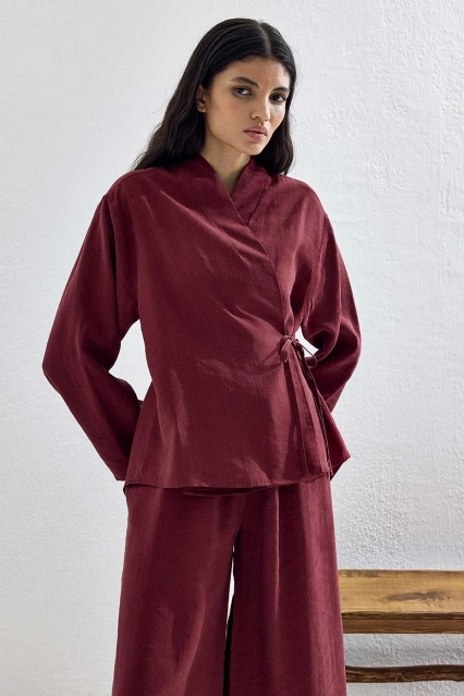 Bağcık Detaylı Lyocell Cupra Bordo Kimono Takım