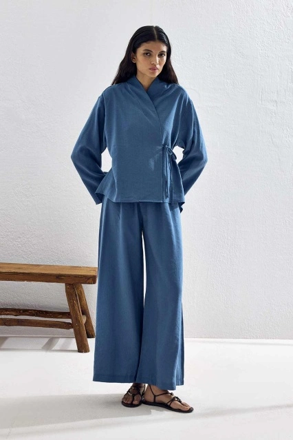 Bağcık Detaylı Lyocell Cupra İndigo Kimono Takım