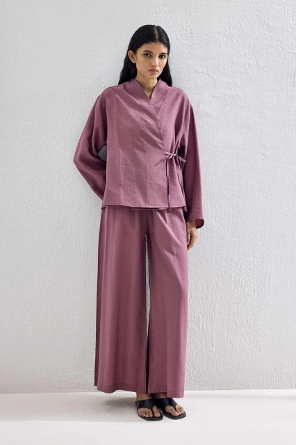 Bağcık Detaylı Lyocell Cupra Mürdüm Kimono Takım