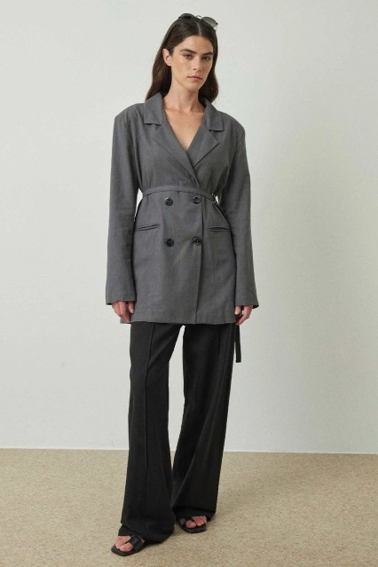 Bağlama Detaylı Antrasit Keten Blazer Ceket