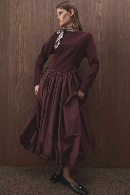 Balon Form Etekli Vişne Elbise