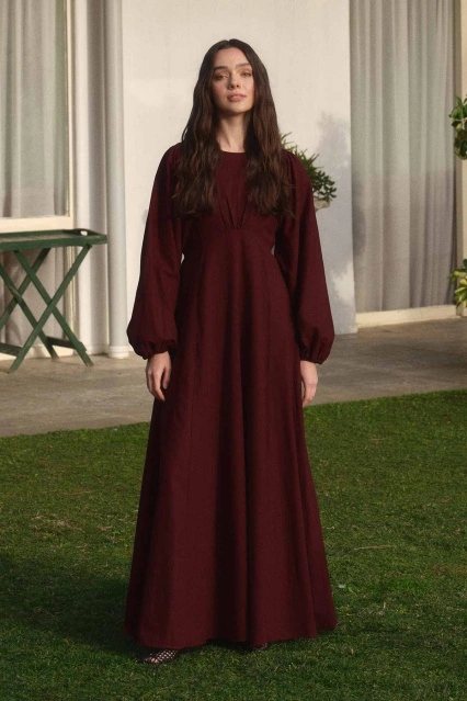 Balon Kol Bordo Naturel Elbise