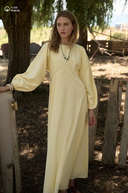 Balon Kol Butter Yellow Naturel Elbise