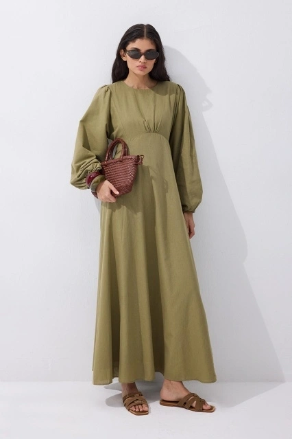 Balon Kol Haki Naturel Elbise