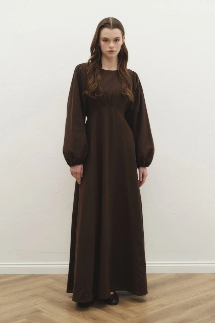 Balon Kol Kahve Naturel Elbise