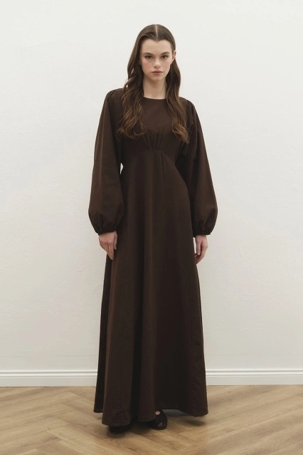 Balon Kol Kahve Naturel Elbise