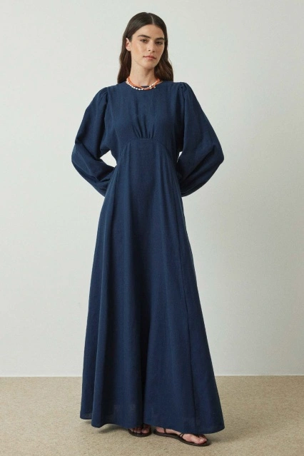 Balon Kol Keten Lacivert Elbise