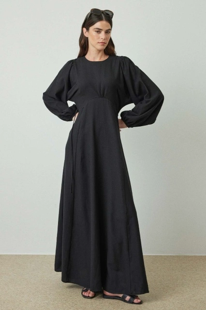 Balon Kol Keten Siyah Elbise