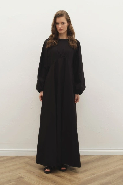 Balon Kol Siyah Naturel Elbise