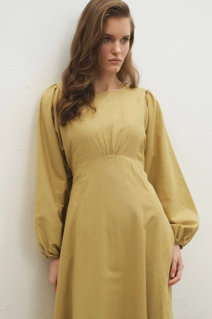 Balon Kol Zeytin Naturel Elbise
