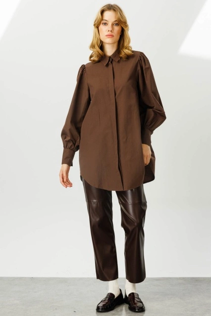 BALON KOLLU BASIC GÖMLEK - KOYU KAHVE