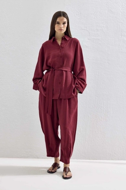 Basic Oversize Bordo Pantolon Takım