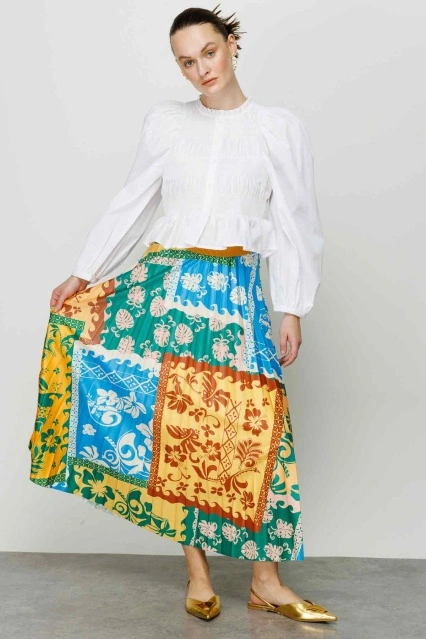 Baskılı Piliseli Benetton Yeşili Etek