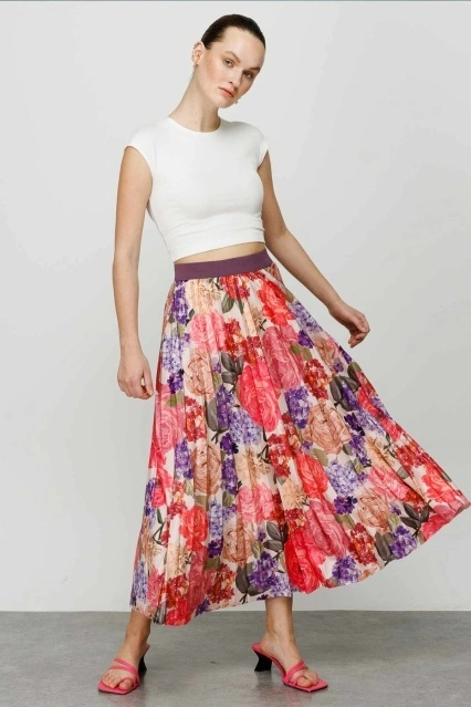 Baskılı Piliseli Mor Etek