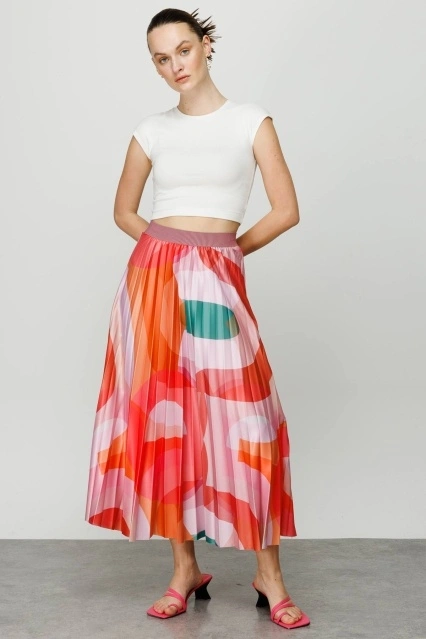 Baskılı Piliseli Oranj Etek