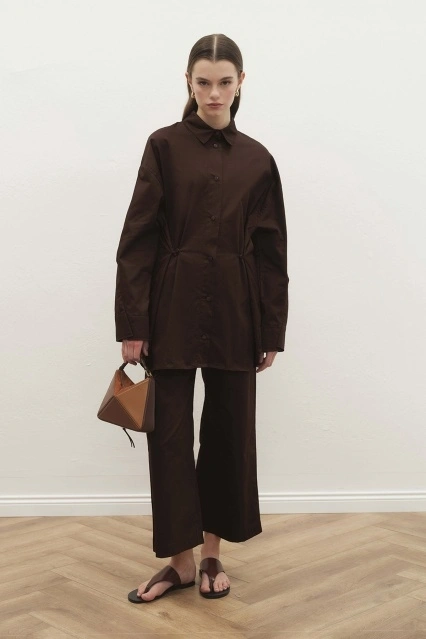 Belden Düğmeli Gabardin Kahve Gömlek