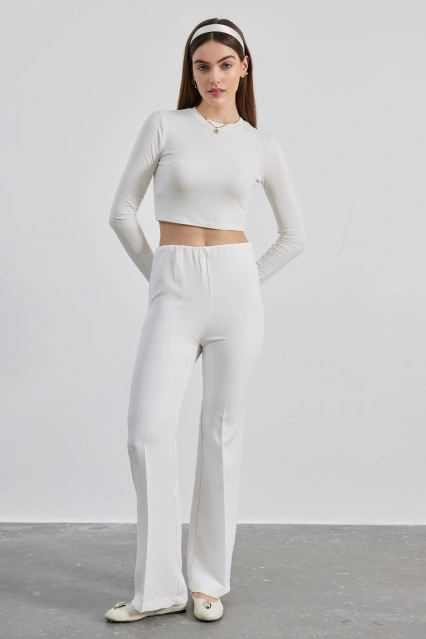 Beli Lastikli Krep Optik Beyaz Pantolon