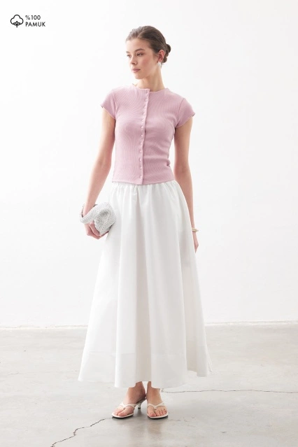 Beli Lastikli Pamuklu Beyaz Etek