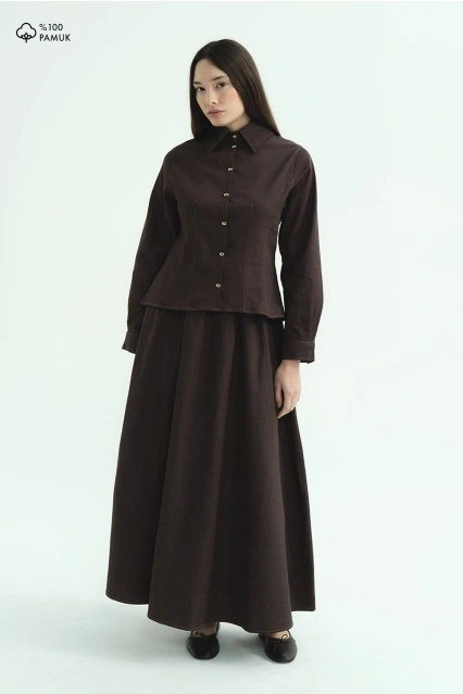 Beli Vurgulayan Denim Kahverengi Etek Takım