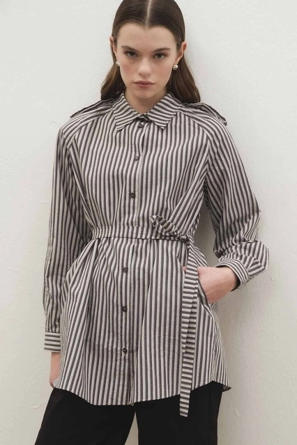 Bella Çizgili Antrasit Trenç Gömlek