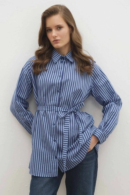 Bella Çizgili Mavi Trenç Gömlek
