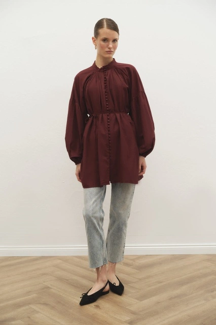 Birit Detaylı Bordo Gömlek