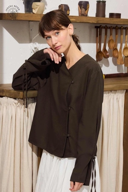 Birit Detaylı Lyocell Keten Kül Kahve Kimono