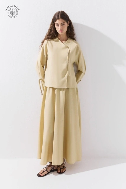 Birit Detaylı Lyocell Keten Kum Beji Kimono