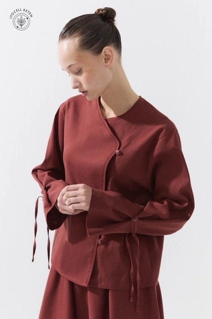 Birit Detaylı Lyocell Keten Mercan Kimono