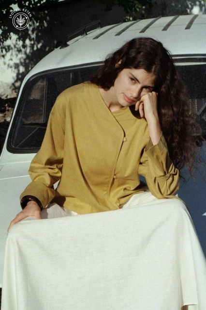 Birit Detaylı Lyocell Keten Safran Kimono