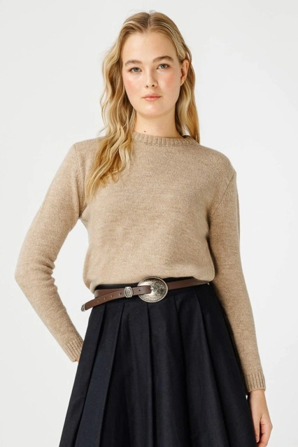 Bisiklet Yaka Fit Triko Camel Kazak