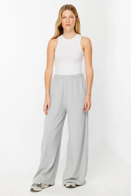 Biye Detaylı Palazzo Gri Eşofman Pantolon