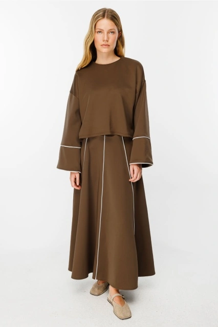 Biyeli Detaylı Scuba Kahve Etek Takım