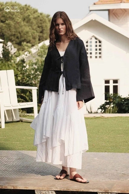 Boho Çapraz Katlı Vual Beyaz Etek