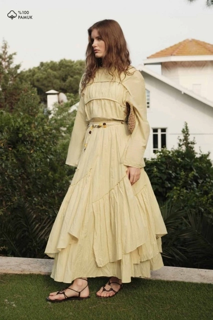 Boho Çapraz Katlı Vual Butter Yellow Etek
