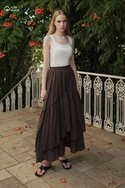 Boho Çapraz Katlı Vual Kahve Etek