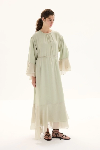 Boho Volanlı Yoryo Şifon Adaçayı Elbise