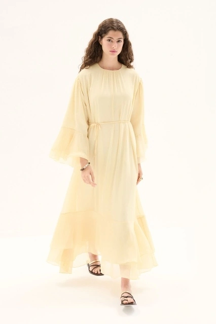 Boho Volanlı Yoryo Şifon Butter Yellow Elbise