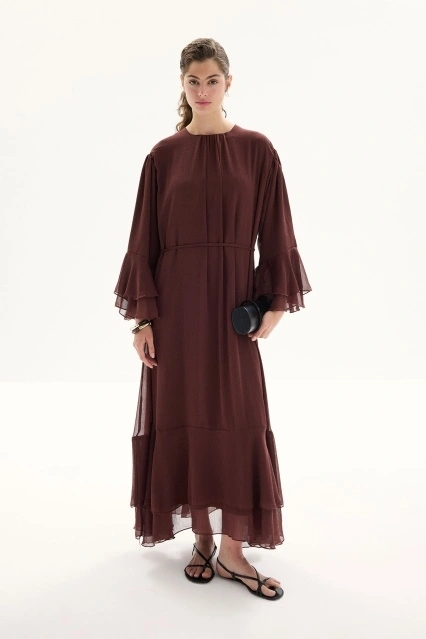 Boho Volanlı Yoryo Şifon Kahve Elbise